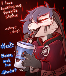 anthro black_body black_fur blue_hair bodily_fluids clothed clothing duo fur hair magic magic_user male male/male open_mouth red_eyes red_magic saliva text tongue tongue_out vore atane27 atane tinel lagomorph mammal english_text hi_res