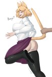 accident accidental_exposure animal_ears animal_tail big_breasts big_butt black_clothing black_legwear black_thigh_highs blonde_hair bottomwear breasts butt clothed clothing dialogue disembodied_hand eyelashes female fur hair legwear looking_back no_underwear on_one_leg pupils purple_bottomwear purple_clothing purple_skirt rear_view red_eyes short_hair simple_background skirt slit_pupils solo standing text thick_thighs thigh_highs topwear white_background white_clothing white_topwear wide_hips yellow_body yellow_fur huktol melty_blood tsukihime type-moon arcueid_brunestud neco-arc animal_humanoid cat_humanoid felid felid_humanoid feline feline_humanoid humanoid mammal mammal_humanoid absurd_res hi_res