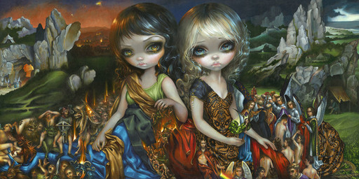ambiguous_gender anthro breasts clothed clothing eyebrows feathered_wings feathers female fire fur group hair horn human_focus lips long_hair looking_at_viewer macro male thick_lips wings jasmine_becket-griffith angel demon human humanoid mammal 2:1 acrylic_painting_(artwork) formal_art painting_(artwork) traditional_media_(artwork) traditional_painting_(artwork)
