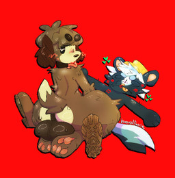 anthro anus balls bodily_fluids boots clothing duo eyebrow_through_hair eyebrows footwear genitals hair hat headgear headwear heart_symbol interspecies kiss_mark lipstick makeup male male/male pawpads paws red_background shoes simple_background spiral spiral_eyes sweat tail translucent translucent_hair yellow_clothing yellow_hat yellow_headwear hoovedfaerie animal_crossing nintendo digby_(animal_crossing) kicks_(animal_crossing) canid canine mammal mephitid skunk