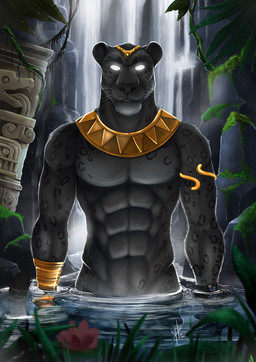abs accessory anthro black_body black_fur empty_eyes front_view fur grass lily_pad male male_anthro muscular muscular_anthro muscular_male partially_submerged pecs plant solo waterfall whiskers white_eyes hufnaar felid mammal 2019 dated