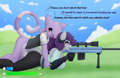 all_fours anthro clothed clothed/nude clothed_sex clothing cloud dialogue duo female from_behind_position gameplay_mechanics gloves gui gun handwear healing_sex health_bar horn lying male male/female motion_lines nude open_mouth outside_sex profanity prone_bone_position ranged_weapon rifle sex shield_bar side_view sniper_rifle text weapon max_draws epic_games fortnite dane_(max_draws) mercury_(mercuryshatter1) canid canine canis domestic_cat felid feline felis mammal wolf absurd_res english_text hi_res
