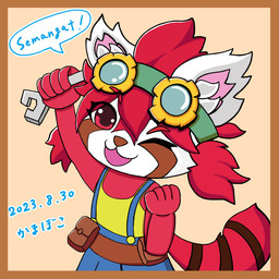 anthro backpack border clothing eyewear eyewear_on_head female fur goggles goggles_on_head hair orange_border overalls overalls_only red_body red_eyes red_fur red_hair solo tail tools wrench gunfire_reborn nona_(gunfire_reborn) ailurid mammal red_panda 1:1