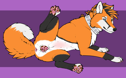 female feral hair heterochromia looking_at_viewer paws solo spikes spots spread_legs spreading mechanical_monster_factory canid canine fox mammal 16:10 absurd_res hi_res widescreen