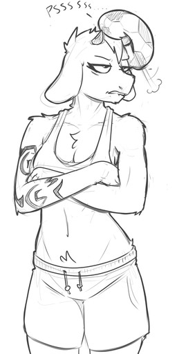 anthro ball bottomwear clothed clothing female fur grumpy hair horn muscular muscular_anthro muscular_female shorts soccer_ball solo tattoo text strangerdanger vasira bovid caprine goat mammal 2020 absurd_res digital_media_(artwork) hi_res monochrome sketch