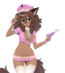 5_fingers absolute_territory anthro black_eyes bottomwear breasts brown_body brown_fur brown_hair butt butt_from_the_front cleavage clothed clothing crop_top cuff_(restraint) curled_hair female fingers fur gesture gun hair hand_gesture handcuffs hat headgear headwear holding_gun holding_object holding_ranged_weapon holding_weapon inner_ear_fluff legwear looking_at_viewer metal_cuffs microskirt midriff miniskirt navel necktie open_mouth pink_bottomwear pink_clothing pink_skirt police police_hat ranged_weapon restraints shirt simple_background skirt solo tail thigh_highs topwear tuft weapon white_background wristband takkunaki super_sonico puppy_(puppyypawss) canid canine canis domestic_dog mammal 2023 absurd_res digital_media_(artwork) hi_res portrait three-quarter_portrait