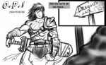 armor cave comic english_text greyscale human male mammal melee_weapon monochrome not_furry raus_(recklessarts) recklessarts sign solo standing sword text weapon