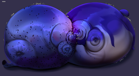 anthro belly big_belly blue_body blue_fur blueberry_inflation bodily_fluids breasts drooling duo eyes_closed facial_spots featureless_breasts female female_anthro fur huge_belly hyper hyper_belly inflation kissing lying nude on_back on_front saliva spots spotted_arms spotted_belly spotted_face spotted_legs white_body white_fur roobin roobin_(character) rove_(falloutwolf) canid canine felid mammal hi_res