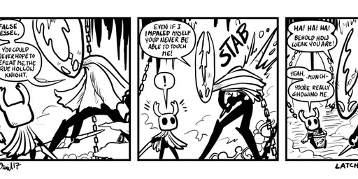 2_horns 3_panel_comic ambiguous_gender biped black_body black_eyes black_text chain cloak clothed clothing dialogue duo eating exclamation_point food holding_melee_weapon holding_object holding_weapon horn looking_at_another melee_weapon motion_lines nail_(weapon) popcorn popcorn_bucket sitting sound_effects speech_bubble standing talking_to_another text weapon p5ych hollow_knight_(franchise) team_cherry hollow_knight_(character) the_knight_(hollow_knight) infected_(species) vessel_(species) artist_name comic english_text monochrome sibling_(lore)