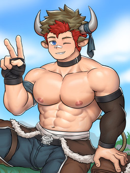 abs band-aid bandage biceps blue_eyes bottomwear bovid_horn bovine_horn brown_hair clothing hair horn humanoid_ears looking_at_viewer male muscular muscular_male nipples one_eye_closed pants pecs pose red_hair shirtless_male sky smile solo tail wink thobeo20vn animal_humanoid bovid bovid_humanoid bovine bovine_humanoid humanoid mammal mammal_humanoid 3:4 absurd_res hi_res