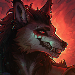 anthro bared_teeth biped black_body black_fur black_hair black_nose black_outline brown_body brown_fur clothing dangerous dramatic_lighting ear_piercing ear_tuft eyebrow_piercing facial_piercing facial_scar fangs fangs_bared female fur glowing glowing_eyes grin hair lip_piercing mane messy_hair messy_mane neck_tuft nose_piercing nose_ring orange_body orange_fur outer_highlight outline piercing red_background red_eyes rim_light ring_piercing scar sharp_teeth simple_background smile smirk solo teeth tuft villainous vurkain whiskers white_body white_fur yellow_outline tashiroth vranai_(tashiroth) canid canine canis hybrid mammal wolf 1:1 absurd_res bust_portrait digital_media_(artwork) hi_res icon portrait warm_colors