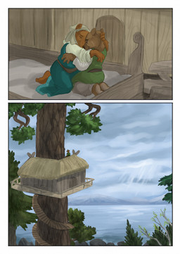 anthro biped bodily_fluids brown_body brown_fur clothed clothing cloud cloudy_sky crying day eyes_closed female fur hug inside outside plant scar sky tears tree tree_house bjekkergauken hillevi nanna_(bjekkergauken) shirin_(bjekkergauken) bear brown_bear gulonine mammal marten mustelid musteline pine_marten ursine 2025 colored comic hi_res