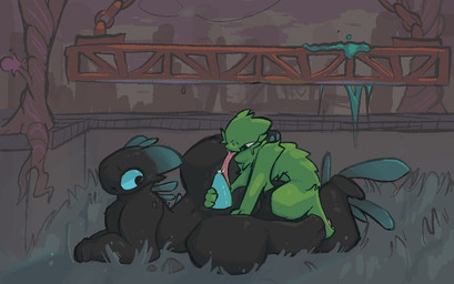 ambience anthro balls bodily_fluids cheek_tuft chest_tuft cum cum_on_tongue duo erection facial_tuft feral fluffy fur genital_fluids genitals glistening glistening_body green_body green_fur hand_on_leg kneeling long_tongue male male/male nude on_grass oral penis precum sex size_difference sky small_top tail tongue tongue_on_penis tongue_out tonguejob tuft dragonbooper rain_world videocult saint_(rain_world) blue_lizard_(rain_world) lizard_(rain_world)