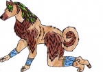 anthro biped brown_body brown_fur brown_hair curled_tail fangs female fur green_hair hair kneeling multicolored_hair simple_background solo tail teeth white_background wristband valfen canid canine mammal