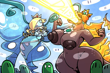 anthro big_breasts big_nipples blonde_hair blue_body breasts breath_powers brown_body crown duo elemental_manipulation female fire fire_breathing fire_manipulation genitals hair headgear huge_breasts huge_hips huge_nipples huge_thighs long_hair macro mandibles navel nipples nude text thick_thighs vulva wide_hips sachasketchy mario_bros mythology nintendo super_mario_galaxy princess_daisy rosalina_(mario) arthropod dragon kaiju mythological_creature mythological_scalie scalie 2026 digital_media_(artwork) english_text hi_res