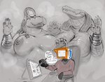 anthro belly big_breasts breasts clothing dialogue drawing drawing_tablet egyptian egyptian_clothing egyptian_headdress female group huge_breasts hypnosis machine mind_control nipples non-mammal_breasts non-mammal_nipples overweight overweight_anthro overweight_female screen screen_face speech_bubble text trio voluptuous_anthro voluptuous_female whiskers doctordj egyptian_mythology marvel marvel_cinematic_universe middle_eastern_mythology moon_knight_(series) mythology ammit ammit_(moon_knight) taweret taweret_(moon_knight) common_hippopotamus crocodile crocodilian deity hippopotamid humanoid mammal monster reptile robot robot_humanoid scalie english_text greyscale hi_res monochrome