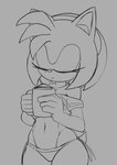 accessory anthro beverage clothing container crop_top cup exposed_shoulder eyes_closed female hair_accessory hairband loose_shirt mug shirt solo topwear underwear apsel_bluestar sega sonic_the_hedgehog_(series) amy_rose eulipotyphlan hedgehog mammal absurd_res hi_res monochrome sketch