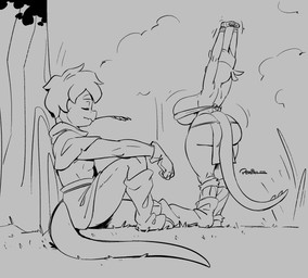3_toes 4_fingers anthro arm_on_knee big_breasts big_butt bottomwear breasts butt clothing duo eyes_closed feet female fingers huge_breasts huge_butt loincloth male plant resting sitting sitting_on_ground stretching thick_thighs toes tree joaoppereiraus tales_of_sezvilpan jack_(joaoppereiraus) lira_(joaoppereiraus) lizard reptile scalie 2026 hi_res monochrome sketch