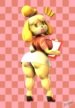 anthro biped bottomwear checkered checkered_background clothed clothed_anthro clothed_female clothing female female_anthro looking_at_viewer looking_back looking_back_at_viewer muscular muscular_thighs pattern_background plantigrade pose simple_background skirt solo standing surprised text three-quarter_view white_bottomwear white_clothing white_skirt imdajasperbaby animal_crossing nintendo isabelle_(animal_crossing) canid canine canis domestic_dog mammal 2024 3d_(artwork) absurd_res digital_media_(artwork) english_text full-length_portrait handwritten_text hi_res portrait shaded signature soft_shading warm_colors