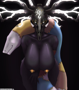 antlers areola big_breasts black_body black_face black_fur bone breasts cracks eyelashes female fingers flirting fur glowing glowing_eyes gold_(metal) gold_nipples horn looking_at_viewer looking_pleasured markings monster_girl_(genre) mutation nipples nude presenting presenting_breasts simple_background skull skull_head smile smirk solo stitch_(sewing) thick_thighs white_antlers grandpaman limbus_company project_moon emile_benoit_(limbus_company) humanoid mammal reptile scalie snake digital_media_(artwork) hi_res