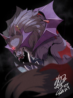 claws ear_piercing ear_ring feral fur glowing glowing_eyes male mask piercing purple_body purple_fur red_eyes ring_piercing solo mashi6taka bandai_namco digimon canid canine canis digimon_(species) mammal sangloupmon wolf hi_res