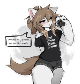 4_fingers 4_toes anthro big_hands black_clothing black_pawpads black_shirt black_topwear blush blush_lines bottomwear breasts brown_body brown_fur brown_hair brown_tail claws clothed clothed_anthro clothed_female clothing dialogue eyebrow_through_hair eyebrows eyelashes eyelashes_through_hair feet female female_anthro finger_claws fingerpads fingers fur grey_bottomwear grey_clothing grey_underwear hair high_ponytail inner_ear_fluff leg_tuft multicolored_hair open_mouth pawpads paws ponytail shirt simple_background slim solo speech_bubble tail talking_to_viewer text text_on_clothing text_on_shirt text_on_topwear thick_thighs thigh_tuft toes topwear translucent translucent_hair tuft underwear white_background white_body white_fur selcian_bun fry_(jayrnski) canid canine canis hybrid mammal wolfdog 2026 english_description english_text hi_res