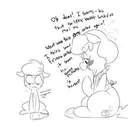 bad_parenting blush bodily_fluids bottle container dialogue drunk duo female feral hair half-closed_eyes male narrowed_eyes open_mouth sitting substance_intoxication sweat text wide_eyed mcsweezy hasbro my_little_pony fan_character earth_pony equid equine horse mammal pony 1:1 2015 digital_drawing_(artwork) digital_media_(artwork) english_text monochrome mother_(lore) mother_and_child_(lore) mother_and_son_(lore) parent_(lore) parent_and_child_(lore) parent_and_son_(lore) son_(lore)
