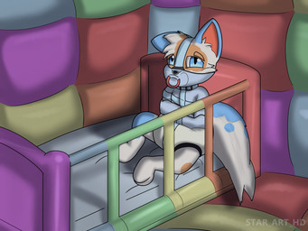 ambiguous_gender anthro asylum crib diaper gag muzzle_(object) muzzled nursery object_in_mouth pacifier pacifier_gag pacifier_in_mouth padded_room restraints solo straitjacket young young_anthro star_art_hd cupcake_(tuchs) 4:3 hi_res adult_(lore)