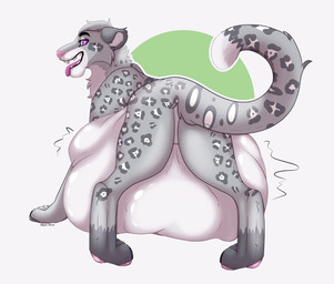 bangs belly big_belly bodily_fluids female feral fluffy fluffy_tail fully_inside huge_belly hyper hyper_belly pawpads pink_nose pink_tongue purple_eyes saliva solo spots tail tongue vore blauehexe felid leopard mammal pantherine