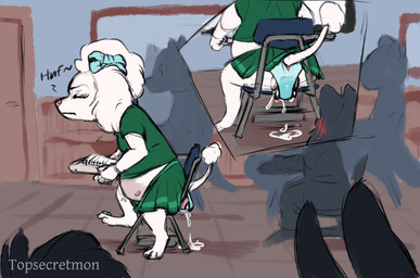 amniotic_fluid anthro biped birth blocked_birth bodily_fluids bottomwear classroom clothed_birth clothing female floppy_ears genital_fluids green_bottomwear green_clothing green_shirt green_skirt green_topwear group live_birth panty_birth pregnant pregnant_anthro pregnant_female public_birth school shirt skirt solo_focus tail topwear underage_pregnancy vaginal_birth water_breaking young young_anthro young_female topsecretmon canid canine canis domestic_dog mammal poodle hi_res