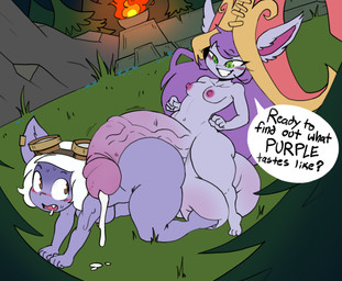 all_fours balls big_balls big_butt big_penis biped blush bodily_fluids breasts butt cute_fangs detailed_background dialogue drooling duo dutch_angle erection fangs female fire genital_fluids genitals grass green_eyes gynomorph gynomorph/female hair huge_balls huge_butt huge_penis humanoid_genitalia humanoid_penis hyper hyper_balls hyper_genitalia hyper_penis intersex intersex/female long_hair looking_at_another looking_back navel nipples not_furry nude open_mouth penis plant precum purple_body purple_hair purple_skin saliva shortstack shortstack_female shortstack_gynomorph shortstack_intersex small_breasts smile speech_bubble standing teeth text thick_thighs tree white_hair wide_hips angstrom league_of_legends riot_games tencent lulu_(lol) tristana_(lol) yordle 2019 digital_media_(artwork) english_text hi_res