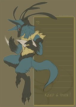 ambiguous_gender anthro blade blood blue_body blue_fur bodily_fluids caption chest_tuft claws fangs fur looking_at_viewer pokemorph red_eyes solo tail teeth tuft ladytsunade nintendo pokemon canid canine generation_4_pokemon lucario mammal pokemon_(species)