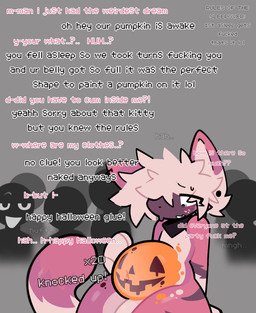 after_sex anthro black_collar black_eyes black_nose black_text blush bodily_fluids bodypaint clothing clothing_theft collar collar_only confusion count cum cum_inflation cum_inside dialogue embarrassed eyes_closed femboy food fruit fur genital_fluids genitals grey_background group halloween_party holidays impregnation inflation male male/male male_anthro male_impregnation multiple_orgasms navel nude nude_male open_mouth orgasm orgasm_count paint paint_drip paint_splatter painted_belly party party_sex penis piercing pink_text plant profanity pumpkin pumpkin_belly sex simple_background sitting sleep_sex sleeping sleepover smug_face stealing stuttering sweat sweatdrop tail talking_to_another text thoughts white_text woken_up worried_look purrmaxxing halloween glue_(purrmaxxing) domestic_cat felid feline felis mammal 2025 english_text hi_res