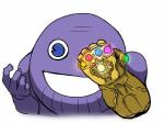 2018 ambiguous_gender batibatizekkyou blue_eyes hi_res humanoid infinity_gauntlet innyume looking_at_viewer marvel not_furry open_mouth open_smile purple_body simple_background smile smileghost solo thanos titanian white_background