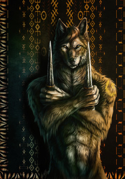 anthro brown_body brown_fur brown_hair dual_wielding fur hair holding_object holding_weapon looking_at_viewer male solo stake weapon wolfroad canid canine canis mammal wolf 2015 absurd_res digital_media_(artwork) hi_res