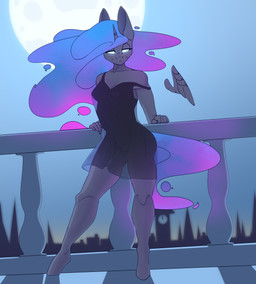anthro black_clothing black_dress blue_eyes breasts clothing cosmic_hair dress ethereal_hair feathered_wings feathers female hair horn looking_at_viewer night pseudo_hair simple_background smile solo tail wings chapaevv friendship_is_magic hasbro my_little_pony mythology princess_luna_(mlp) equid equine mammal mythological_creature mythological_equine winged_unicorn absurd_res digital_media_(artwork) hi_res