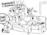 anthro barefoot clothed clothing derp_eyes dialogue digitigrade feet female furniture group hooves laugh lifting lying male sofa sound_effects surprise text nobby_(artist) disney pack_street zootopia anneke_(weaver) betty_(weaver) fan_character marty_(weaver) remmy_cormo aardwolf bovid canid canine canis caprine domestic_sheep hyena mammal mustelid musteline sheep stoat true_musteline weasel wolf english_text monochrome