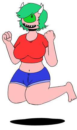 1_eye 4_fingers alternate_species bottomwear breasts clothed clothing female fingers floating green_eyes green_hair hair horn humanoidized looking_at_viewer midriff monster_girl_(genre) not_furry open_mouth pink_body pink_skin sharp_teeth shirt shorts simple_background smile solo spikes t-shirt teeth topwear white_background afuckingcamel-zenge-art_(artist) doom_(series) id_software microsoft cacodemon cyclops demon humanoid 2017 hi_res
