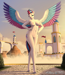 anthro areola banner big_breasts blue_body blue_feathers blue_hair breasts building castle cloud colored_nails cutie_mark detailed_background door eyebrows eyeliner feathers female fetlocks fingernails flag flag_(object) fur grass grey_fingernails grey_hooves grey_nails hair hands_on_hips hands_on_own_hips hooves lips makeup mountain multicolored_body multicolored_feathers multicolored_hair multicolored_tail nails narrowed_eyes navel nipples nude nude_anthro nude_female path pink_body pink_eyebrows pink_feathers pink_hair pink_lips plant purple_body purple_feathers short_hair shrub sky slim small_waist smile solo spread_wings sunset tail teeth thick_thighs tree white_body white_fur window wings clearvision hasbro mlp_g5 my_little_pony mythology zipp_storm_(mlp) equid equine horse mammal mythological_creature mythological_equine pegasus pony absurd_res hi_res