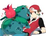 ambiguous_gender blush bottomwear brown_hair clothing duo feral flower hair male pants plant question_mark red_eyes simple_background white_background agemono nintendo pokemon pokemon_trainer red_(pokemon) generation_1_pokemon human ivysaur mammal pokemon_(species)