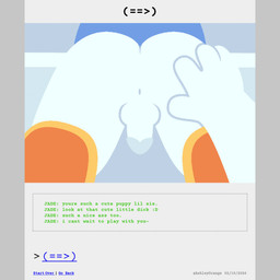 anus bdsm bottomless butt clothed clothed_female clothing comic_panel dialogue duo female first_person_view footwear genitals gynomorph hand_on_butt intersex intersex/female not_furry pajamas pantsless penis petplay pov_hands puppyplay roleplay small_penis socks text white_body ashleyorange homestuck ms_paint_adventures jade_harley june_egbert human mammal 1:1 comic english_text hi_res incest_(lore) sibling_(lore) sister_(lore) sisters_(lore) trans_(lore) trans_woman_(lore)