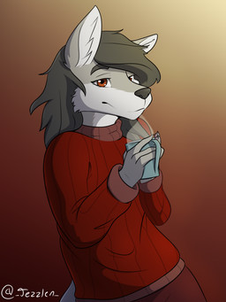 anthro bottomwear brown_eyes clothed clothing container cup eyelashes female female_anthro fur gradient_background grey_body grey_fur grey_hair hair holding_container holding_cup holding_mug holding_object long_hair mouth_closed mug red_bottomwear red_clothing red_sweater red_topwear simple_background solo steam sweater topwear white_body white_fur jezzlen canid canine mammal 3:4 absurd_res hi_res signature