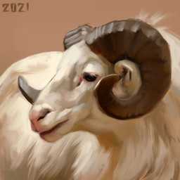 black_eyes brown_background curled_horn feral fluffy fur horn looking_aside male pink_nose simple_background solo white_body white_fur alexpahomov bovid caprine mammal sheep 2021 shaded