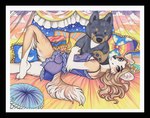 anthro bed bedroom_eyes black_border blonde_hair blue_eyes border breasts butt clothed clothing detailed_background female fur furniture hair inside looking_at_viewer lying narrowed_eyes pillow plushie plushification seductive sleepwear smile solo luthien_nightwolf emily_kintana goldwine_foster canid canine canis collie domestic_dog herding_dog mammal pastoral_dog pit_bull rough_collie sheepdog 2021 traditional_media_(artwork)