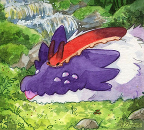 10_legs 2_antennae 8_eyes ambiguous_feral ambiguous_gender antennae_(anatomy) blep closed_smile clover_(plant) countershade_body day duo facial_spikes feral fur grass long_body lying micro moss mouth_closed multi_eye multi_leg multi_limb nature no_pupils on_another's_head on_front on_ground outside plant purple_eyes purple_face red_body relaxing rock running_water size_difference smile spikes spikes_(anatomy) squiggle_mouth sunny text tongue tongue_out water waterfall white_body white_fur zuccnini mr._dinosir wormbo_(zuccnini) ambiguous_species furred_scalie scalie velvet_worm 2025 artist_name painting_(artwork) shaded soft_shading watercolor_(artwork)