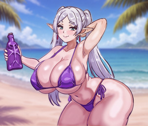 beach big_breasts bikini biped bottle breasts clothed clothing container detailed_background eyelashes female grey_hair hair halter_bikini holding_bottle holding_container holding_object huge_breasts humanoid_pointy_ears navel not_furry outside pointy_ears pupils purple_bikini purple_clothing purple_swimwear side-tie_bikini smile solo string_bikini swimwear triangle_bikini two-piece_swimsuit magentapeel frieren_beyond_journey's_end frieren elf humanoid absurd_res hi_res