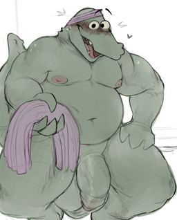 accessory anthro bald balls big_balls big_penis big_tail black_eyes crouching flaccid floating_eyebrows flustered foreskin genitals green_balls green_body green_scales hand_on_leg hand_on_thigh headband heart_symbol holding_object holding_towel huge_balls male muscular muscular_male navel nipples open_mouth pecs penis pink_headband pink_towel raised_tail saggy_balls scales simple_background slightly_chubby solo tail towel white_background duckbrained gentle_lorenzo alligator alligatorid crocodilian reptile scalie hi_res