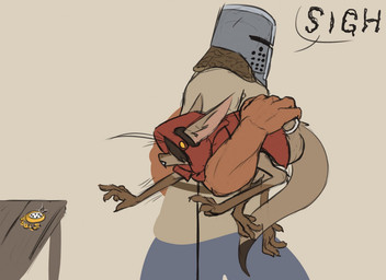 anthro armor clock duo female furniture headgear helmet knight male size_difference table warrior watch honky_kat out-of-placers red_the_yinglet mammal yinglet 2017