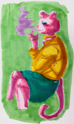 anthro cardigan cigarette clothed clothing crossed_legs dress female fur green_background jewelry necklace pink_body pink_fur simple_background sitting smoke smoke_from_mouth smoking solo tail curious_coyote bojack_horseman netflix princess_carolyn domestic_cat felid feline felis mammal absurd_res colored_sketch hi_res sketch traditional_media_(artwork)