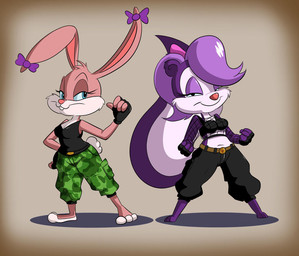 3_toes accessory anthro athletic barefoot big_breasts big_tail biped blue_eyes blue_sclera bottomwear bow_(feature) bow_accessory bow_ribbon bra breasts camo camo_bottomwear camo_clothing camo_pants camo_print cheek_tuft cleavage clothed clothing cotton_tail duo ear_bow facial_tuft feet female fingerless_gloves fishnet_clothing fishnet_topwear fluffy fluffy_tail fur gloves hair_accessory hair_bow hair_ribbon handwear lidded_eyes looking_at_viewer midriff multicolored_body multicolored_fur navel pants pattern_bottomwear pattern_clothing pattern_pants pink_body pink_bow pink_fur purple_body purple_bow purple_fur ribbons shirt simple_background sports_bra tail tank_top thick_thighs toes topwear tuft twin_bows twin_ear_bows two_tone_body two_tone_fur underwear white_body white_fur monkeycheese tiny_toon_adventures warner_brothers babs_bunny fifi_la_fume lagomorph leporid mammal mephitid rabbit skunk striped_skunk